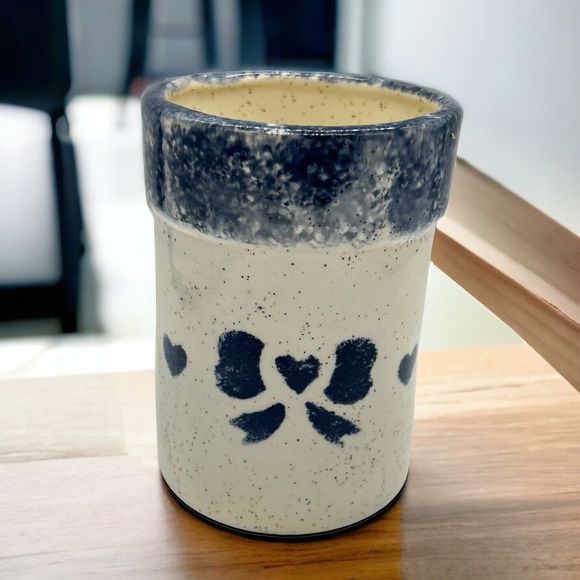Glazed 5” Crock Small Pot Stoneware Pottery Speckled with Blue Hearts Unmarked - Picture 1 of 13